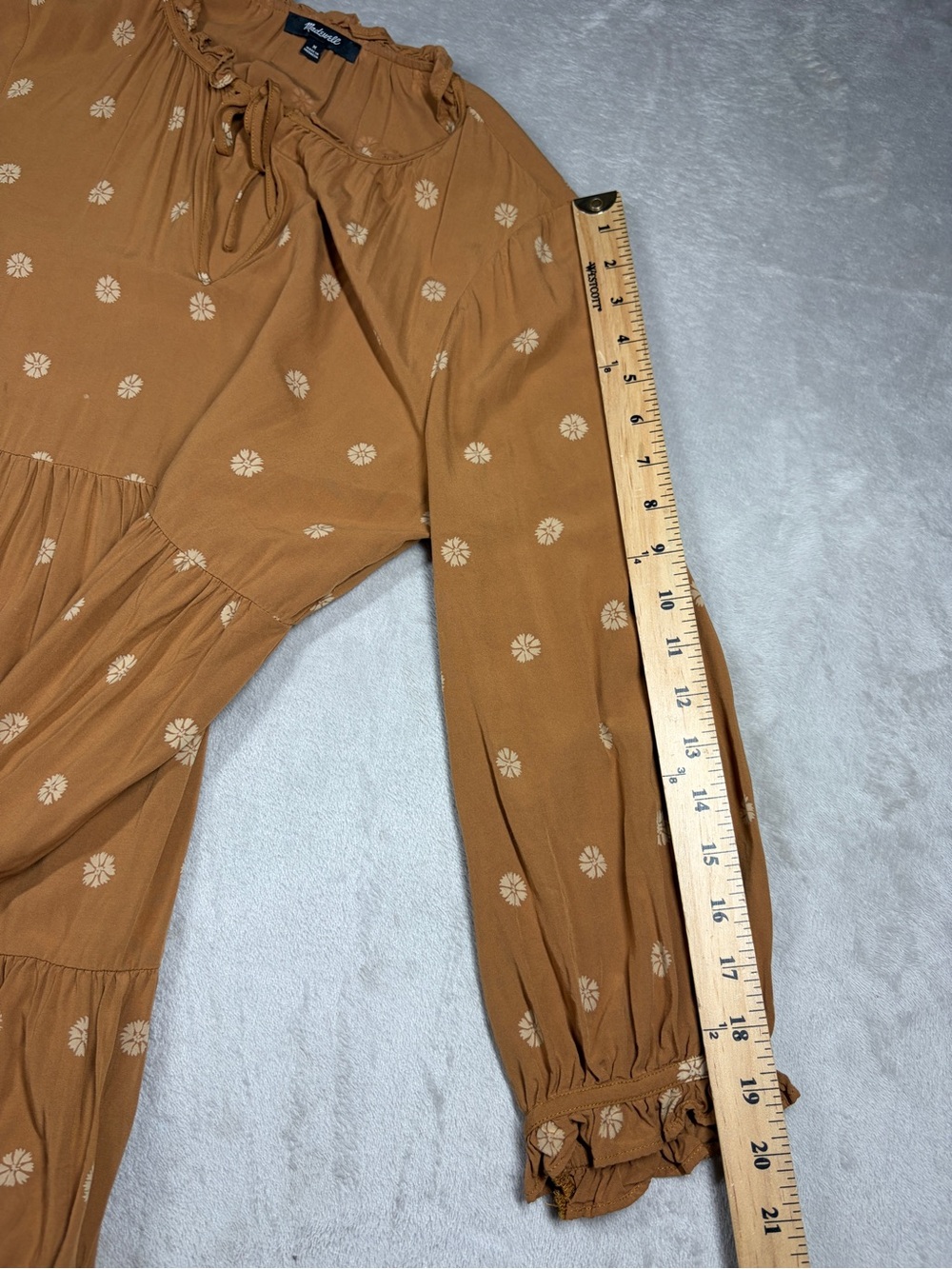 Madewell Bloom Dot Warm Hickory Cream Tan Tiered Ruffle Tie Neck Mini Dress M - Picture 13 of 17